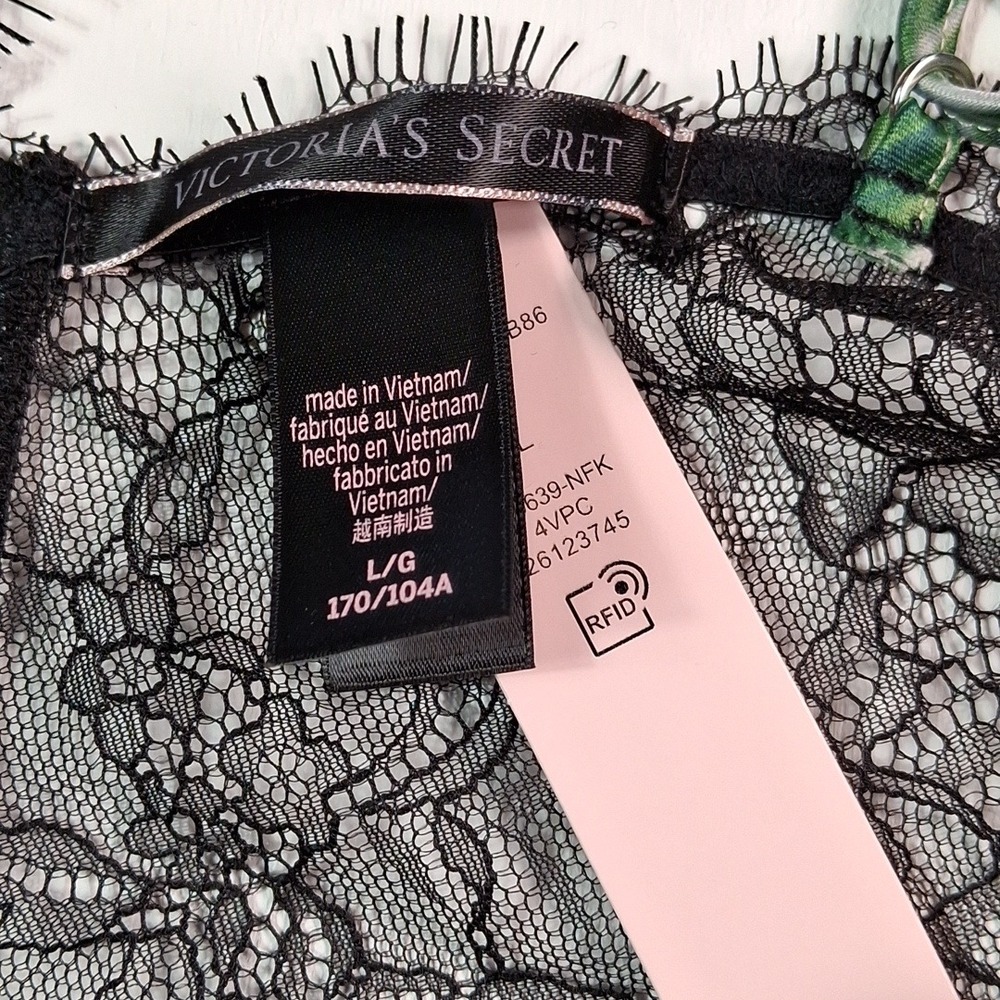 Victorias Secret Tropical Palm Leaf Lace Trim Slip Dress Chemise Green Black L - Picture 8 of 10